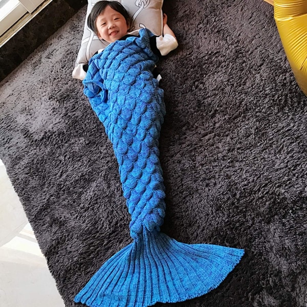 Käytettävä Mermaid Tail -peitto, 140 x 70 cm, Sininen, Lämmin vuodesohvapeitto Olohuoneen peitto Lasten makuupussi, Kalavaa'at
