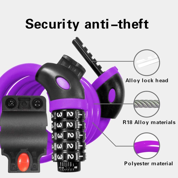 Cykellås (lila), cykellås 120 cm x 12 mm långt, kabellås för cykelskoter Motorcyklar Cykelport med 5-siffrig smartkod och barnvagnscykel, cykellås