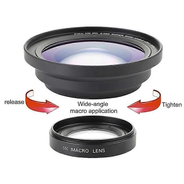 37mm Makro + 72mm Vidvinkelobjektiv 0.39X Full HD til 4K Videokamera sort