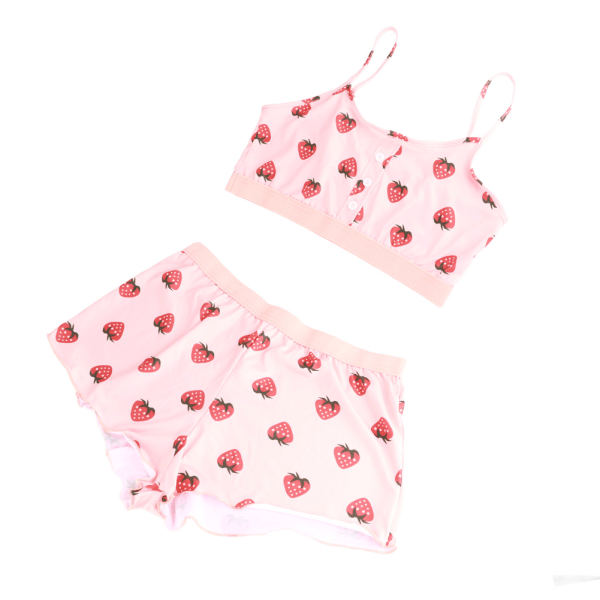 Rosa Strawberry Printed Lace Blonde suspenders Two Piece Loungewear Sweet Pyjamas