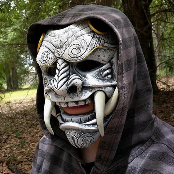Halloween Cosplay Samurai Oni Maske Latex Hodeplagg Maskerade Maske Grey