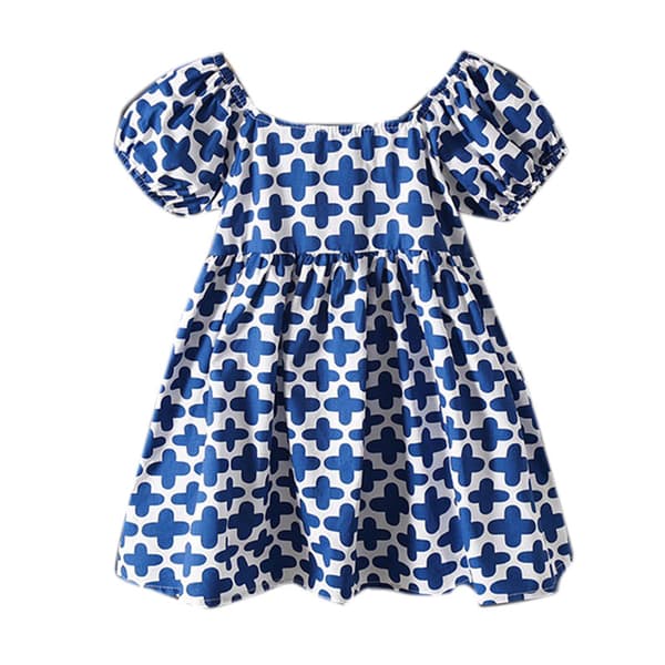 Flickig Blommig Kort Puffärm Elegant Flödande Klänning Blå 130