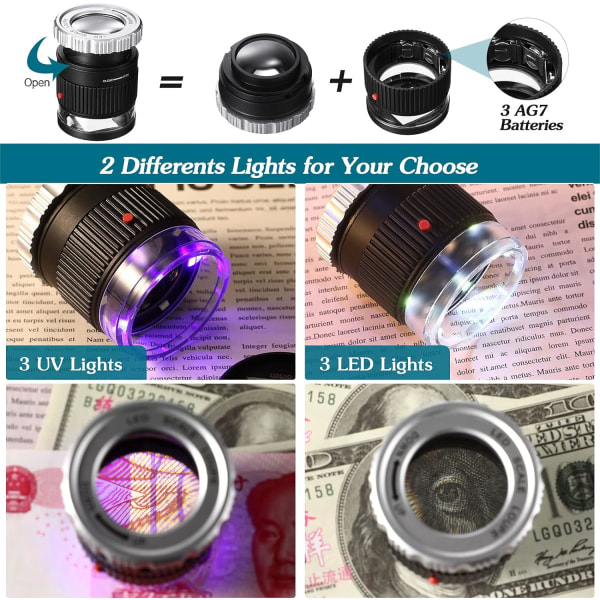 30X forstørrelsesglas LED oplyst forstørrelsesglas UV-belyst forstørrelsesglas Justerbar fokusafstand Foldbare smykker forstørrelsesglas til tekstilmønter Stam