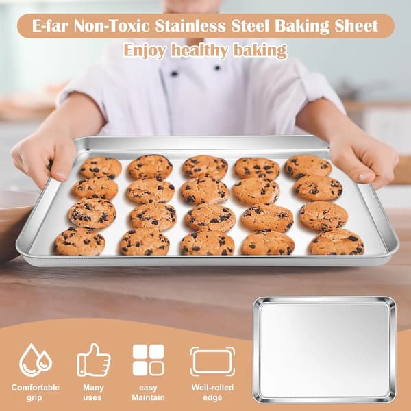 Stainless Steel Toaster Oven Baking Sheets, 2-Pack Small Non-Toxic Baking Pans for Cookie Baking, Dishwasher Safe 16"x 12"