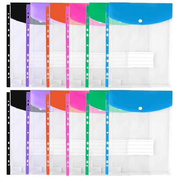 12-pack Plastic Envelopes, Binder Pockets for 3/4/11-Ring Binders, Expandable Document Organizer with S