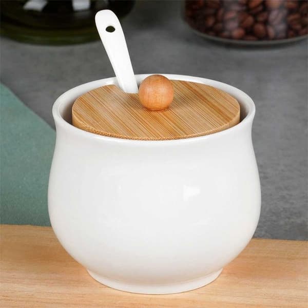 Sukkerskål - Vilde - Hvit keramikk - 250 ml - Bambuslokk - Minimalistisk design