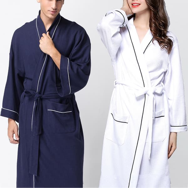 【bt02】Lättviktsbadrock bomull kimono våffelrock älskare, vit