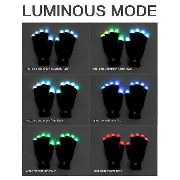 LED Lysende Handsker til Børn og Voksne, Sorte Strikhandsker med Fingerspidslys, Halloween Julefrokost Handsker, 7 Farver Belysning 2pcs