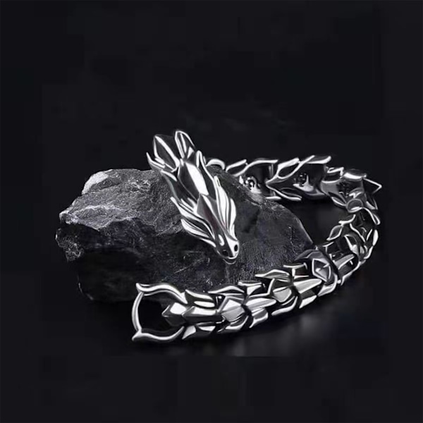 Vintage Sølv Dragebens Armbånd - 14mm Bred, 22cm Lengde - Menn Hip Hop Dragehode Design