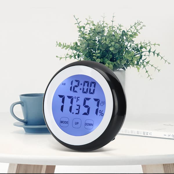 Rund Digital Väckarklocka med Temperatur Luftfuktighet Display Touch Kontroll Hushåll