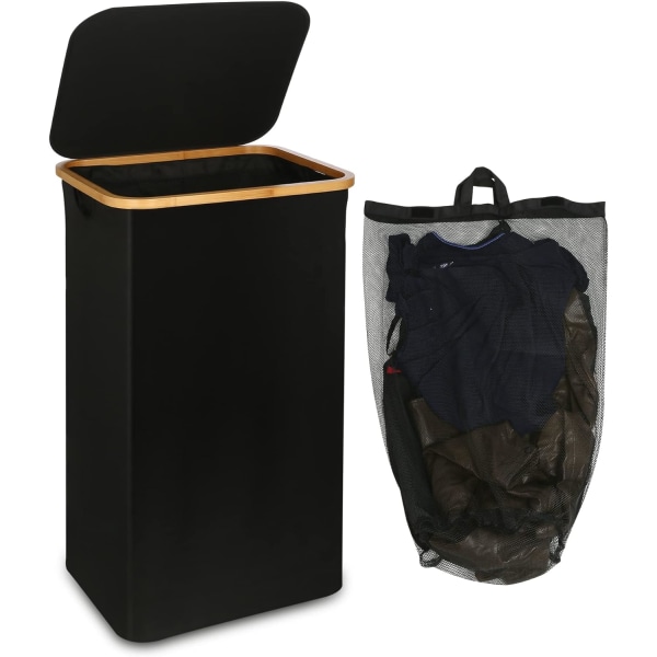 Stor skittentøyskurv med lokk, 100L skittentøyskurv med bambushåndtak for klær, XXL sammenleggbar skittentøyskurv med svart innerpose