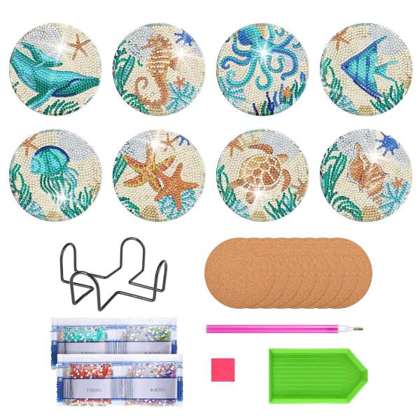 8 stk Diamond Art Painting Coasters med holder, DIY Marine Life Coaster Diamond Art Kits til voksne Børn Begyndere DIY Diamond Art Craft Supplies