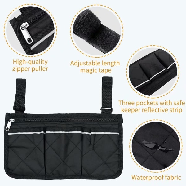Taske til (sort, 32,5 x 18 cm) kørestol med lommer, sidearmlænstaske til kørestol, opbevaringstaske til kørestolstilbehør og scooter