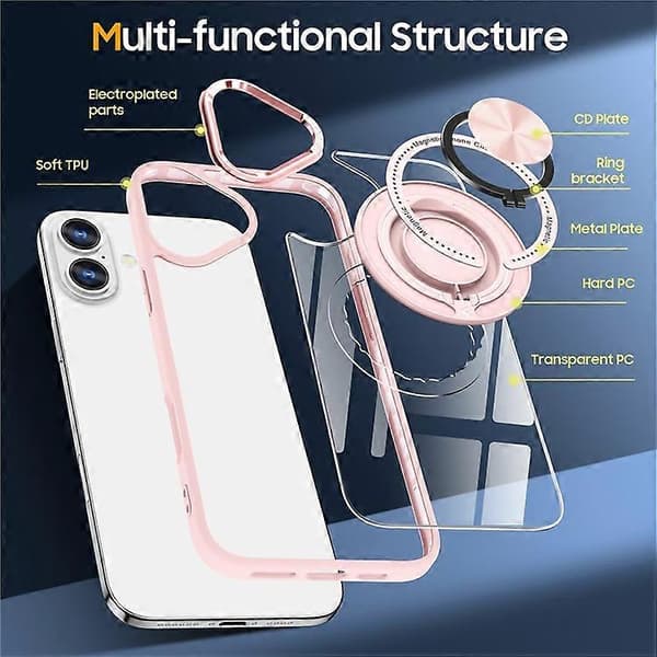 Compatible with iPhone 16 Case Magnetic Ring Holder Support PC+TPU Phone Cover Pink