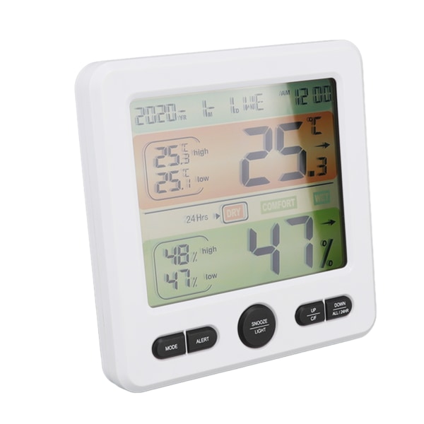 Innendørs Termometer Digital Fargeskjerm Alarm Temperatur Fuktighet Monitor Sengelampe for Hjem Hvit