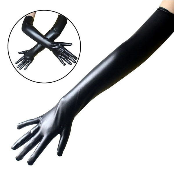 Cosplay-handsker imiteret patentlæder elastisk Forhindrer glidning Moderigtige lange handsker til ydeevne Sort
