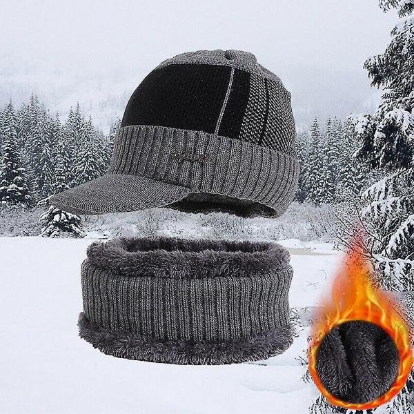 Varm Vinter Peaked Beanie Hat Tørklæde Sæt Fleece Foret udendørs Strik Hat Grå