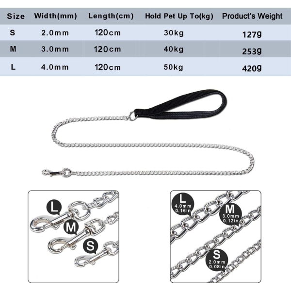 S-bånd hundekjede (120 cm) stålbånd metall hundehåndtak i solid PU-skinn