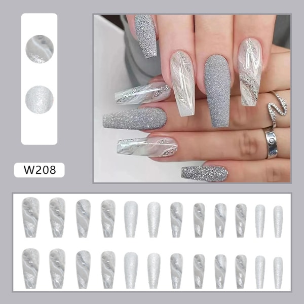 Grå Glitter Press On Nails Kista Långa Fake Nails Akryl Gradient False Nails Marmor Full Cover Stick On Nails för kvinnor och flickor (24 st)