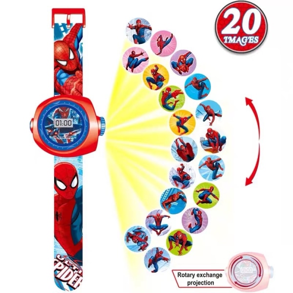 Barneklokke, projektor digitalt armbåndsur, tegneserieprojeksjonsklokke, barneprojektorklokke med 20 projeksjonsmønstre, projektor Spiderman-klokke for K