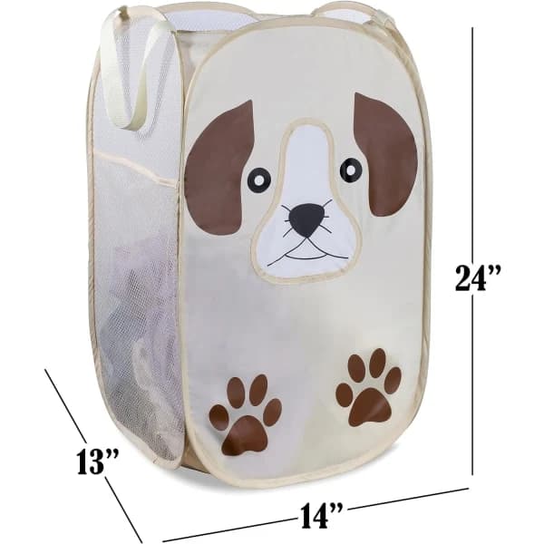 Foldable Pop-Up Mesh Laundry Hamper with Wide Opening and Side Pocket - Breathable, Sturdy, Collapsible, and Space-Saving (Puppy)