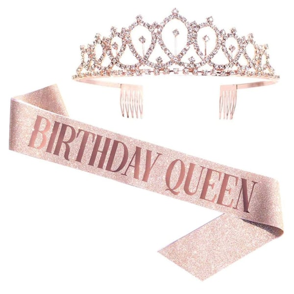 Dronning Prom Krone Sash Elegant Bursdag Dronning Bokstaver Dronning Sash Tiara Sett for Fest Bursdagsfest Roségull
