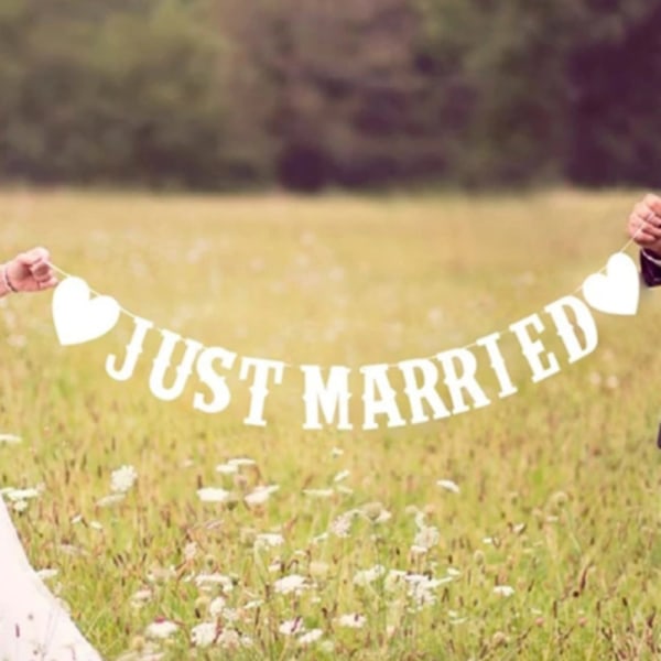 Just Married Bunting Banner for Bride Garland Bryllupsseremoni Soverom Hjem Bursdag Julebil