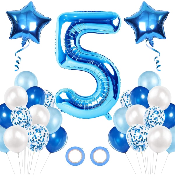 Siniset 5. syntymäpäivän ilmapallot, 5-vuotiaan pojan syntymäpäiväkoristeet