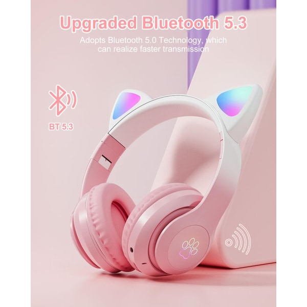 Rosa barnhörlurar, trådlösa Bluetooth hörlurar för barn tonåringar Vuxna, Bluetooth -hörlurar med mikrofon över örat, Cat Ear-hörlurar för flickor