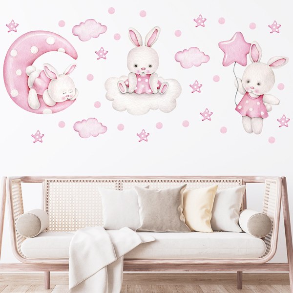 Kaniner med ballonger Rose，Personlige veggdekorer Akvarell dyr dekaler med navn Veggklistremerke for barnerom babyrom