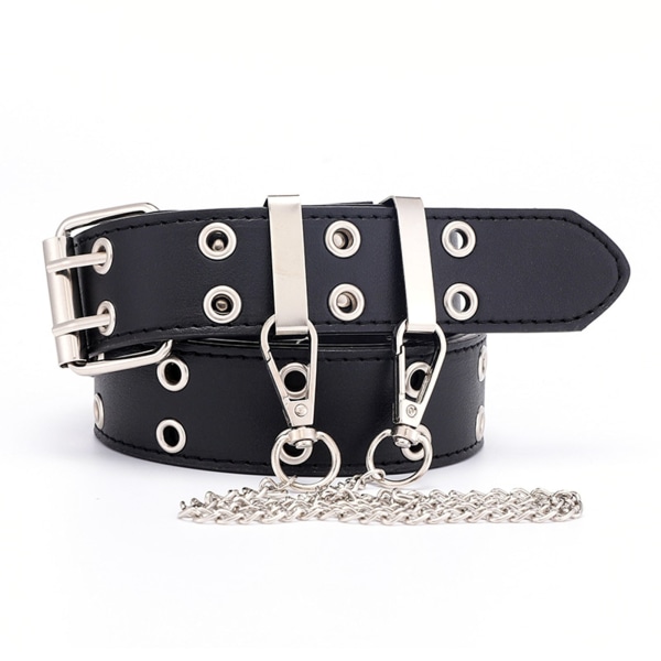 Punkrock-belte i PU-skinn med avtakbar kjede med doble rader Dekorativt midjebelte for kvinner Svart belte med kjede