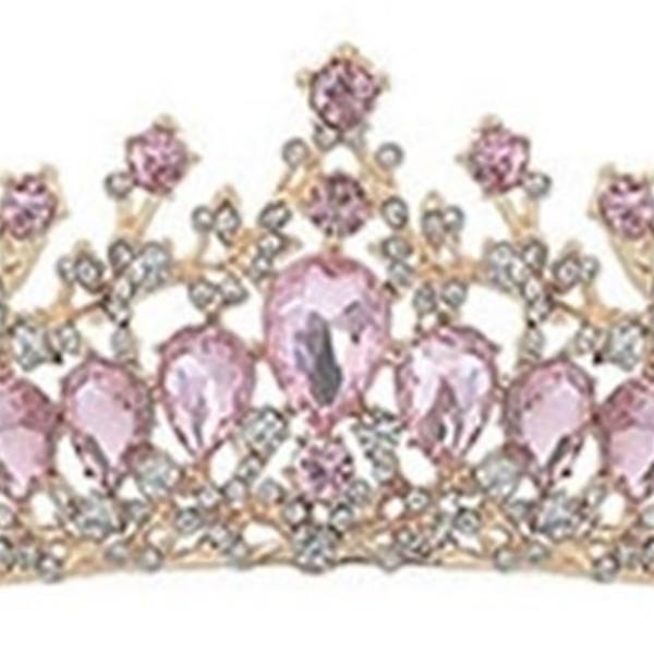 Bryllupskrone for kvinner, legering med strass, hårtilbehør til prom, kostymefest, rosa og gull