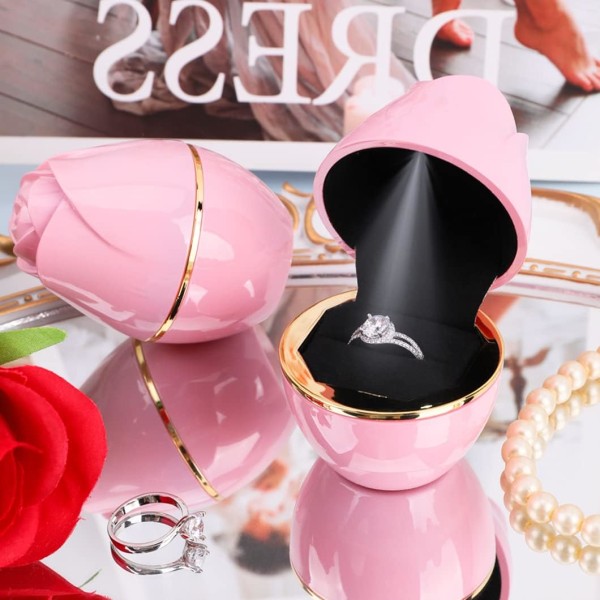 Rose, roseformet forlovelsesringæske LED-ringæske Smykkeskrin til vielsesringæske Bryllup til ægteskabsforslag