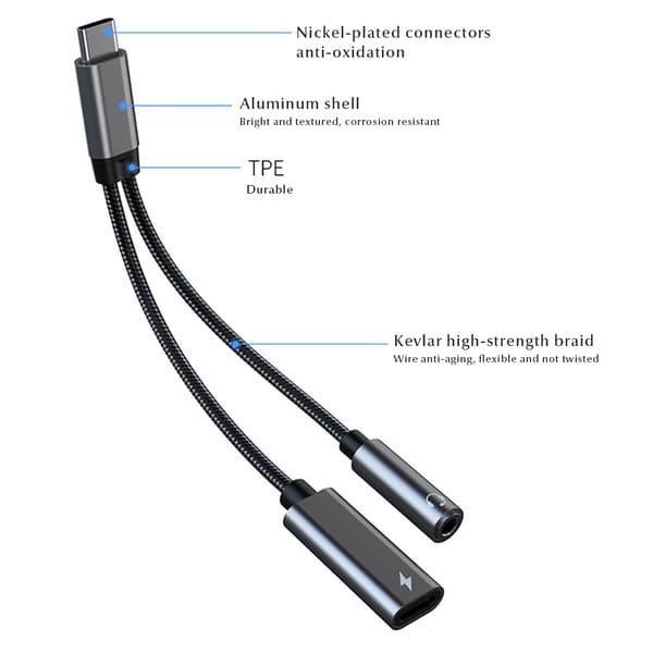 USB C til 3,5 mm hodetelefon- og laderadapter 2 i 1 lyd-dongle