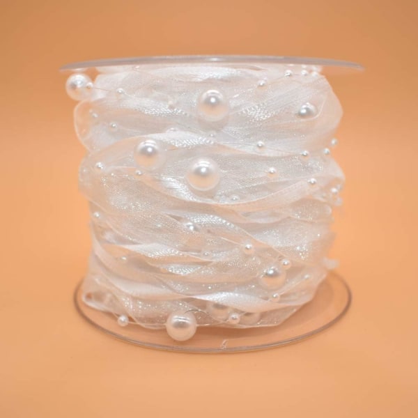 10M kunstig perlebånd chiffonbånd og organza blondebånd-hvit