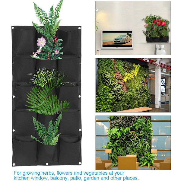 Plantingspose til Balkon, Væggen, Vertikal Blomsterplanter Hængende Plantepose Sort Farve 15 Lommer