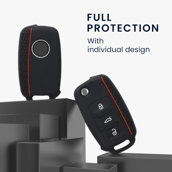Svart-rød-bilnøkkelveske kompatibel med VW Skoda Seat 3-knapper - mykt silikonbeskyttelsesskall