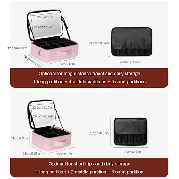 Makeup Bag with LED Mirror, Adjustable Compartments and Toiletry Bag in Black