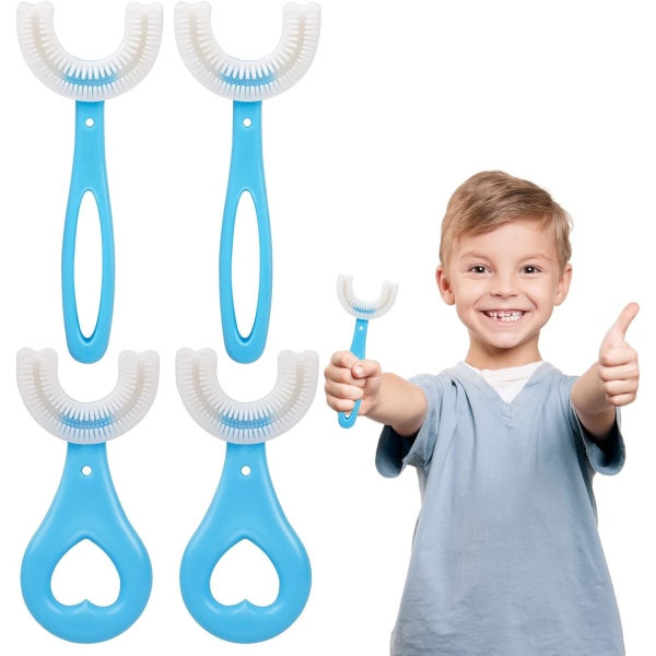 4 stycken barntandborste U-formad, livsmedelsklassad mjuk silikontandborsthuvud 360° munvård, tandborstar för åldrarna 2-12 (blå)