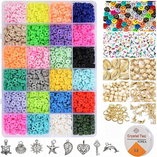 4000+ stykker flade perler sæt, 24 farver bogstav flade perler Håndlavet polymer ler, farverige runde flade perler, til børn smykker DIY halskæde Armbånd ørering