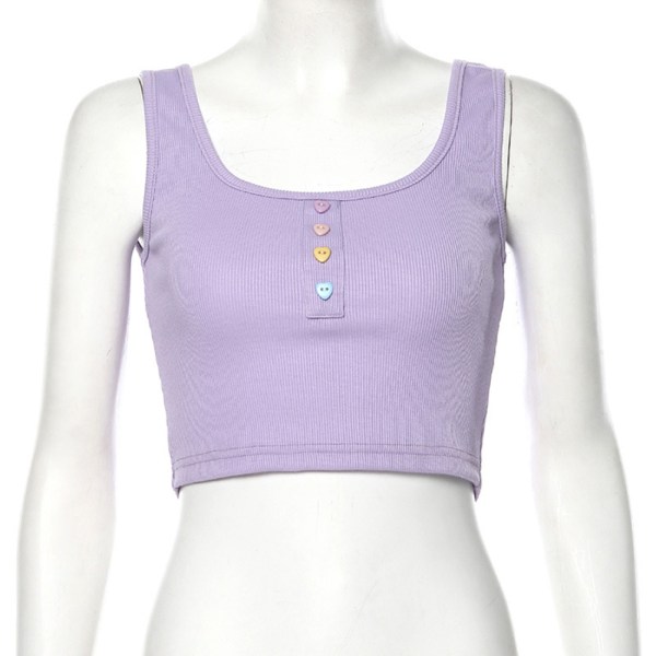 Kvindes Solid Kort Top U-Hals Ren Farve Trendy Ærmeløs Tanktop Lilla L