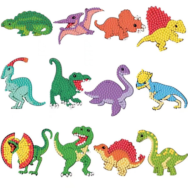 12 stk dinosaurer diamantmalerier for barn, DIY-sett, malesett for barn, én størrelse for voksne