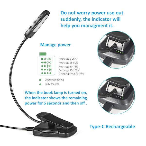Læselampe 9 LED læselys Clip Lamp USB Genopladelig 9 lysstyrketilstande og 3 farvetemperaturer, 360° fleksibel halsklemmelampe til seng, bog, N