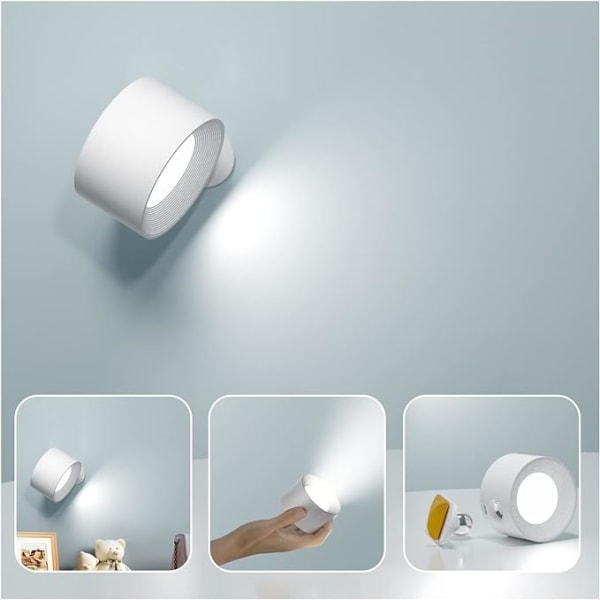 1st (vit) inomhusvägglampa, LED Touch-vägglampa med USB -laddningsport Touch Control, 3 ljusstyrkanivåer 3 temperaturer 360° Roterbar Sovrum Be