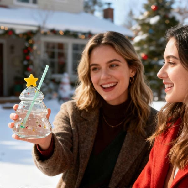 【02】Kreativ julgransformad glasmugg med lock och sugrör, present till kaffekopp