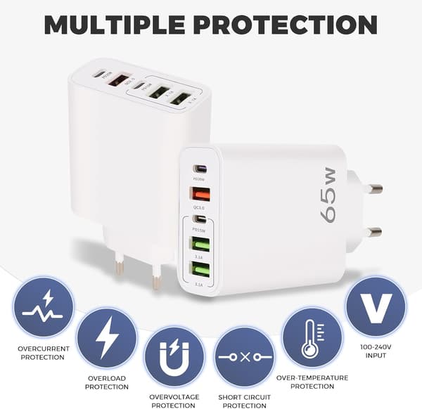 [BT02]65W 5-Port USB C Oplader med QC 3.0, Hurtig Vægoplader til iPhone & Android