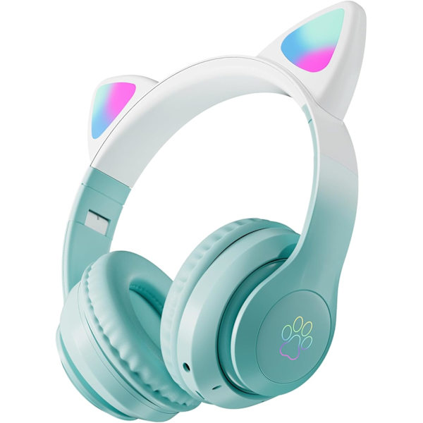 Grønne børnehovedtelefoner, trådløse Bluetooth-hovedtelefoner til børn, teenagere og voksne, over-ear Bluetooth-hovedtelefoner med mikrofon, katteørehovedtelefoner til piger