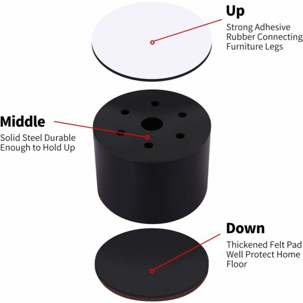 Upphöjda ben för möbler 4 delar, 6 cm lång bäddsoffa, bäddsoffa och skåp kan höjas 5 cm, rund svart