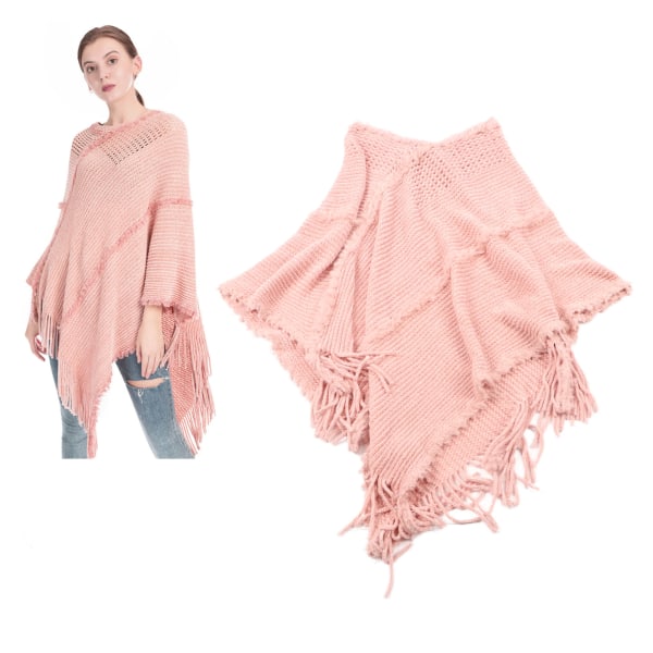 Dame Poncho Genser Skin Rosa Blondedekor Dusk Frynset sjal Wrap Cashmere Strikket Kappe