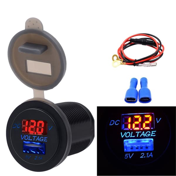 USB Billader med Spenningsdisplay Voltmeter 12-24V DC 2.1A IP66 Vanntett